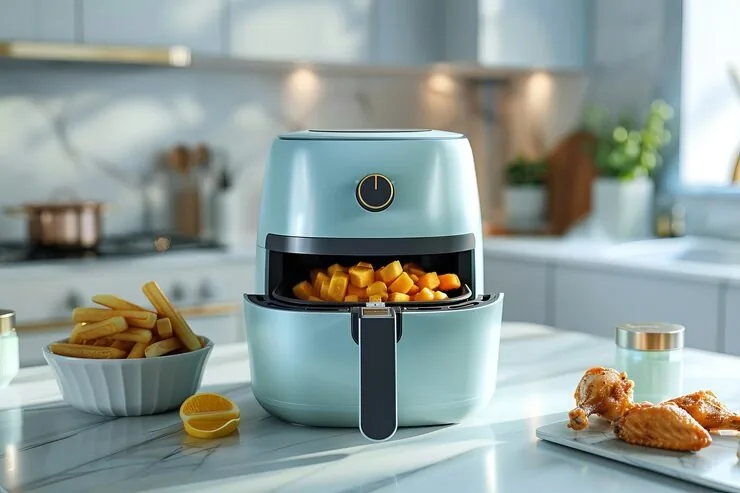 Freidora de aire genérica con comida recién cocinada