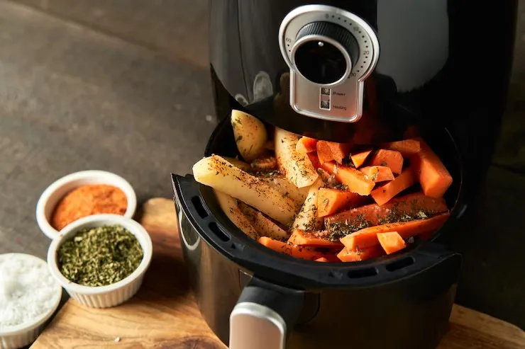 Patatas y zanahorias con especias en la cesta de una freidora de aire genérica
